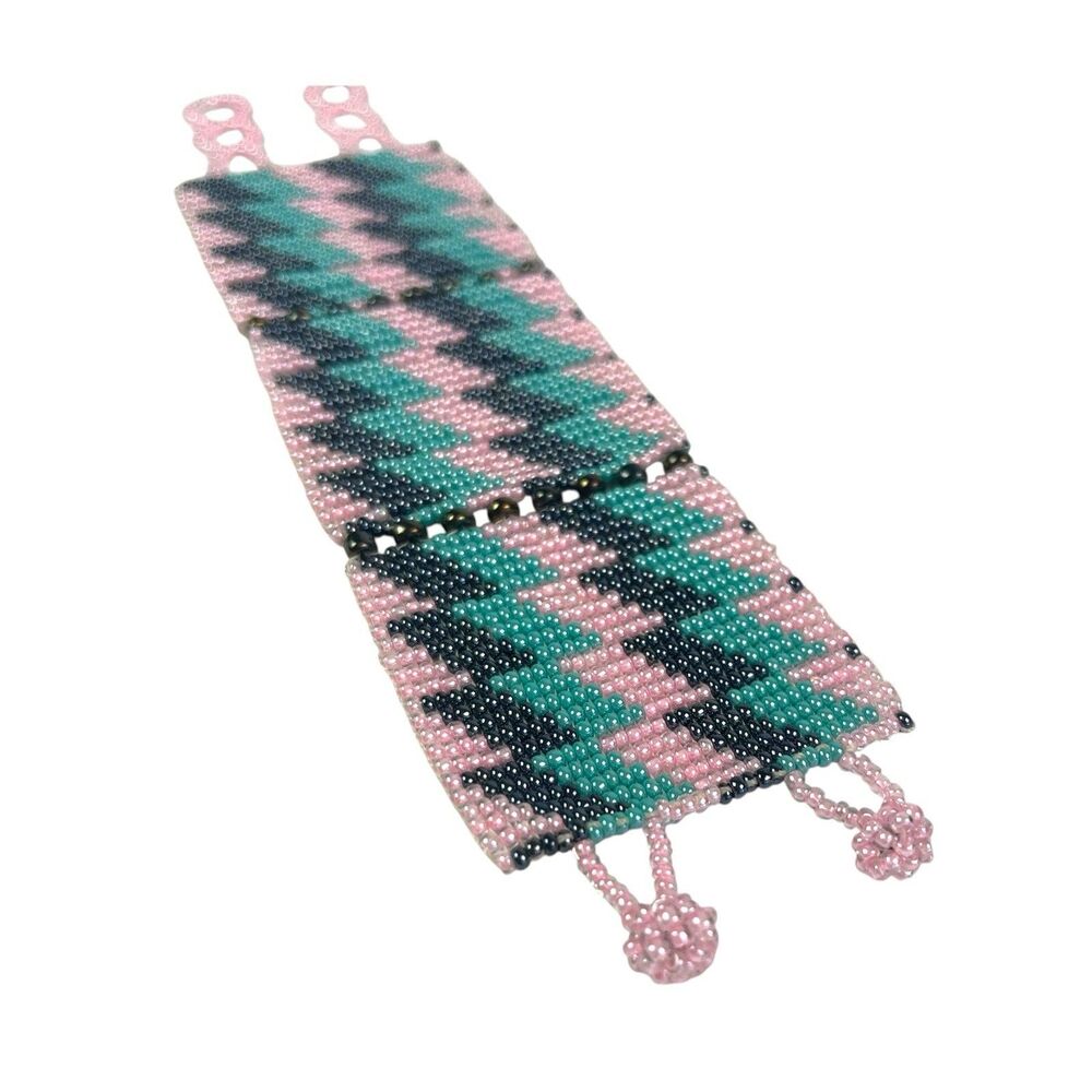 Vintage Wide Woven Seed Bead Cuff Bracelet Pink Green Retro Boho Hippie
